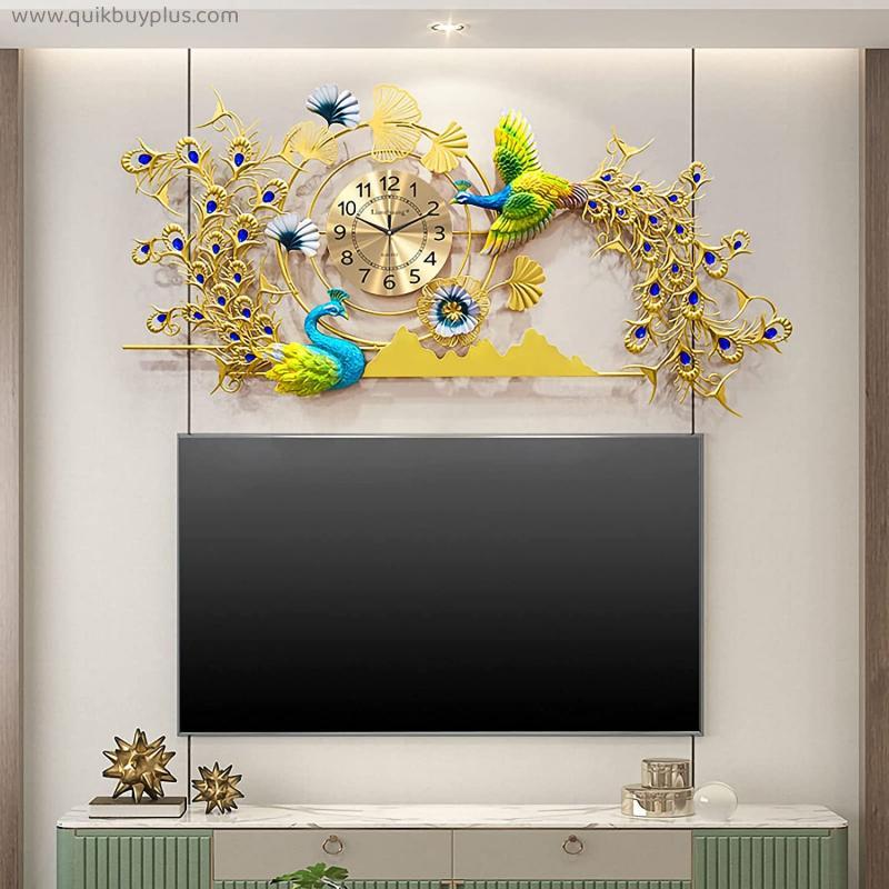 Luxury Large Peacock Wall Clock 51 inch Non-Ticking Silent Crystal Creative Personality Modern Art Decorative Wall Clocks for Living Room Decor