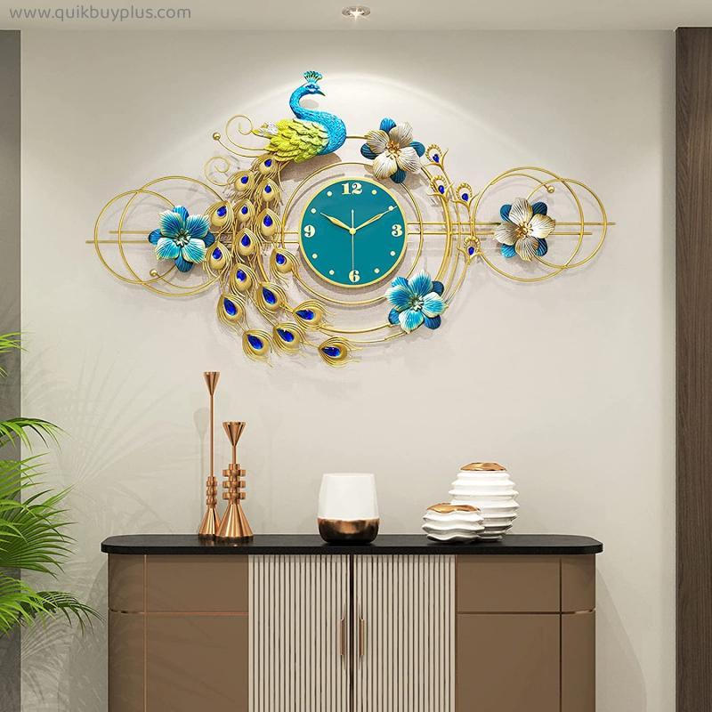 Luxury Large Peacock Wall Clock Modern Non-Ticking Silent Crystal Creative Personality 3D Art Decorative Wall Clocks for Living Room Decor