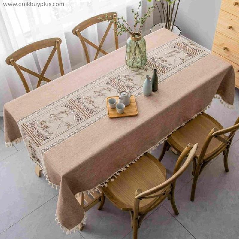 Luxury Rectangle Tablecloth Embroidered Relief Painting Pattern Table Cloth Pendant Tassel Kitchen Dining Table Cover