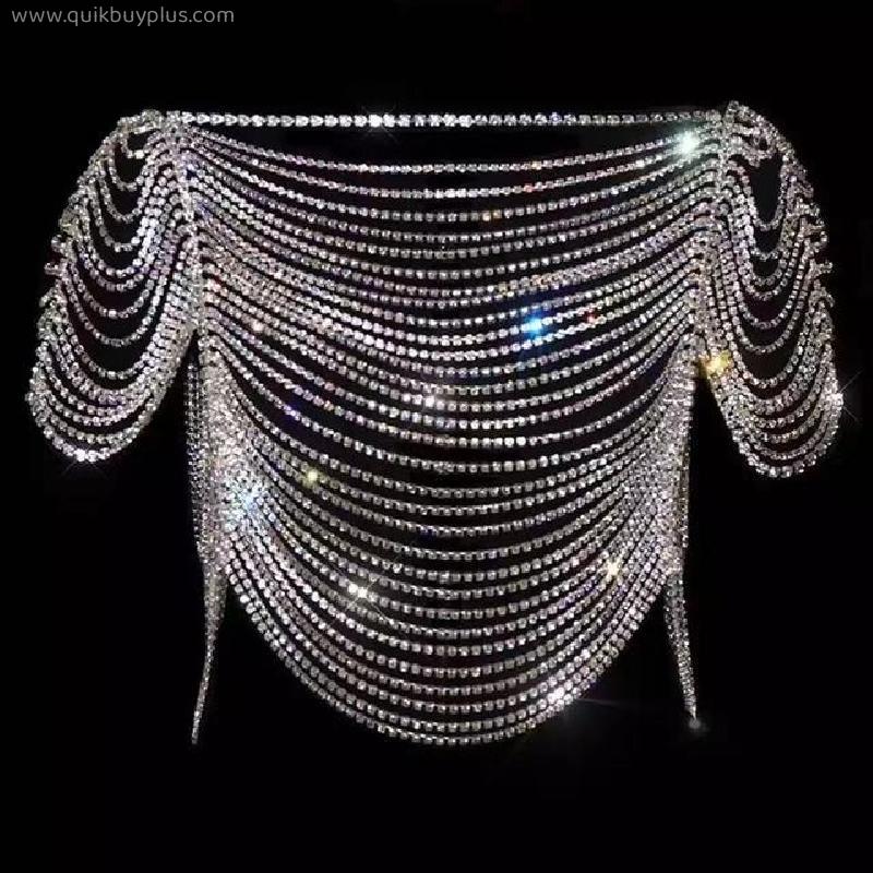 Luxury Statement Sexy Rhinestone Bra Body Chain Necklace for Women Jewelry Long Tassel Crystal Chest Chains Beach Bikini Gift