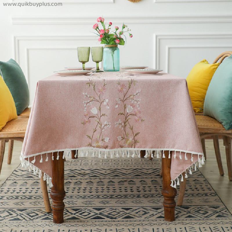 Luxury Tablecloth for Dinning Room Pink Peony Embroidery Cotton Linen Rectangular Table Cloth Tassel Napkin Party Decor