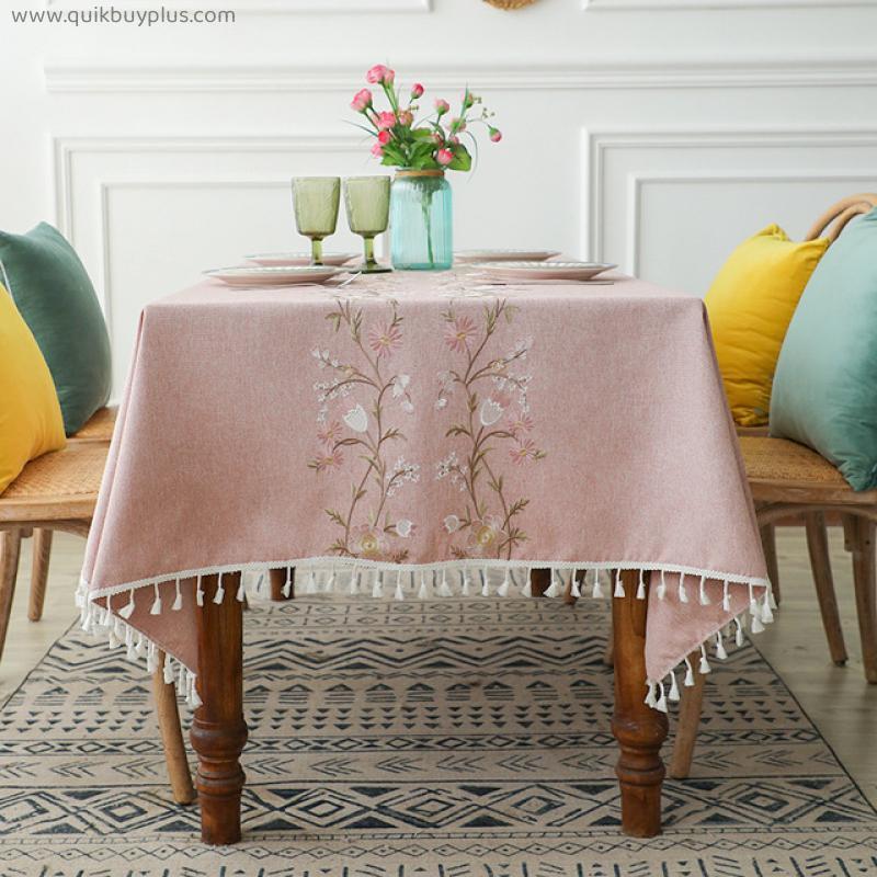Luxury Upscale Tablecloth for Dinning Room Pink Peony Embroidery Cotton Linen Rectangular Table Cloth Tassel Napkin Party Decor
