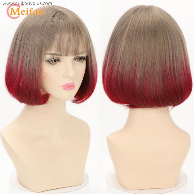 MEIFAN Synthetic Water Wavy Bob Pink Wig With Bangs Medium Long Hair Wigs For Women Lolita Cosplay and Daily Use Natural Hair