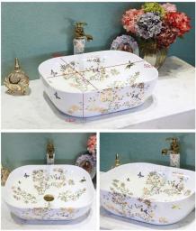MU Household Wash Basin, White Ceramics, Faucet National Style Bathroom Sink Above Counter Basin,B