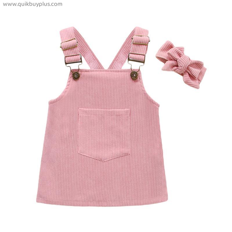 Ma&Baby 0-12M Newborn Infant Baby Girls Dress Vintage Button Corduroy Strap Dress Bow Headband Outfits Spring Autumn Costume D35
