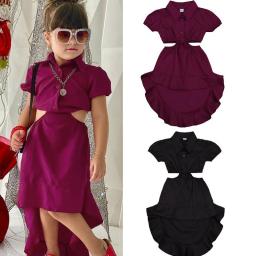 Ma&Baby 1-6Y Summer Child Kids Girls Solid Dress Short Sleeve Hollowed Waist Evening Party Holiday  Dresses For Girls