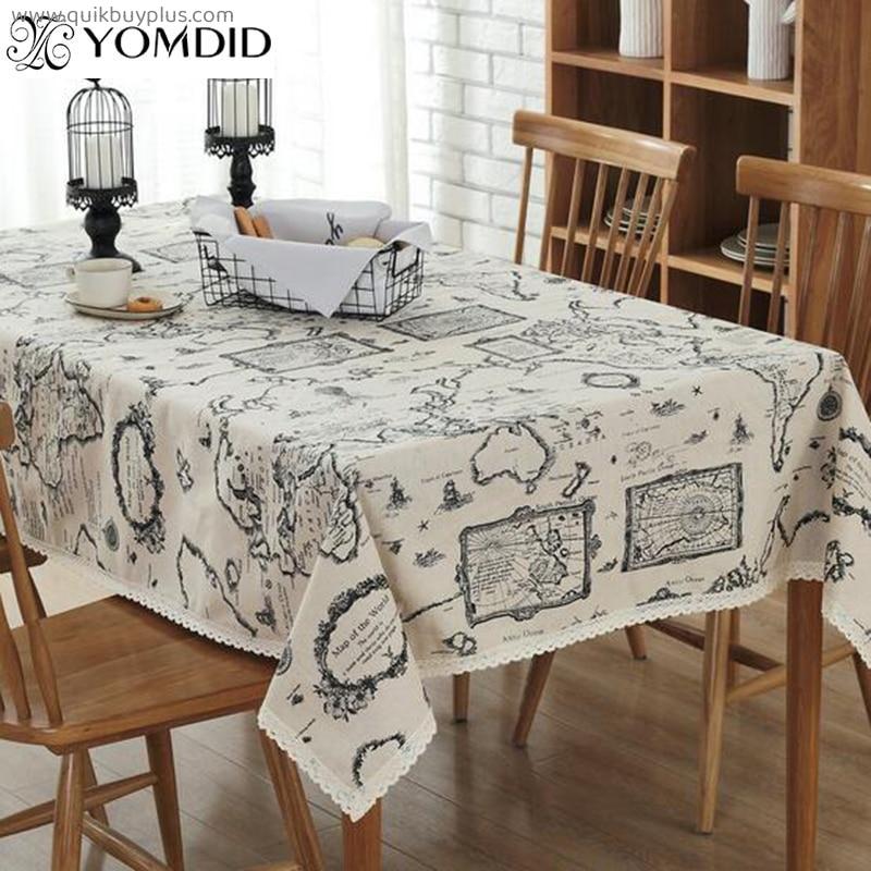 Map Tablecloth European style Linen Cotton Functional Table Cloth for Home Hotel Picnic Party Tablecloths Rectangular