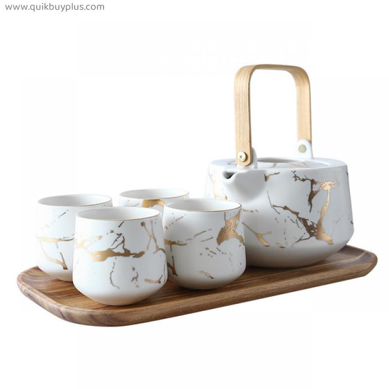Marble Pattern Household Tea Set Japanese Black And White Ceramic Afternoon Tea Cup With Acacia Base Teapot