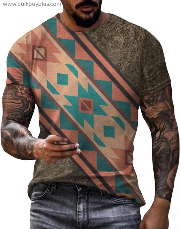 Men's Fitted T-shirt Crew Neck Short Sleeve Mens Shirts Ethnic Printed T-shirts Slim Fit Comfort Tops Gym Blouse