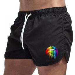 Men's Summer Shorts Lip Printing Sport Fitness Breathable Drawstring Sweatpants Male Beach Pants Sexy Low Waist Swimwear Shorts