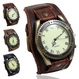 Men Watches Punk Vintage Cow Leather Wristwatch Roman Numbers Dial Casual Watch Gift