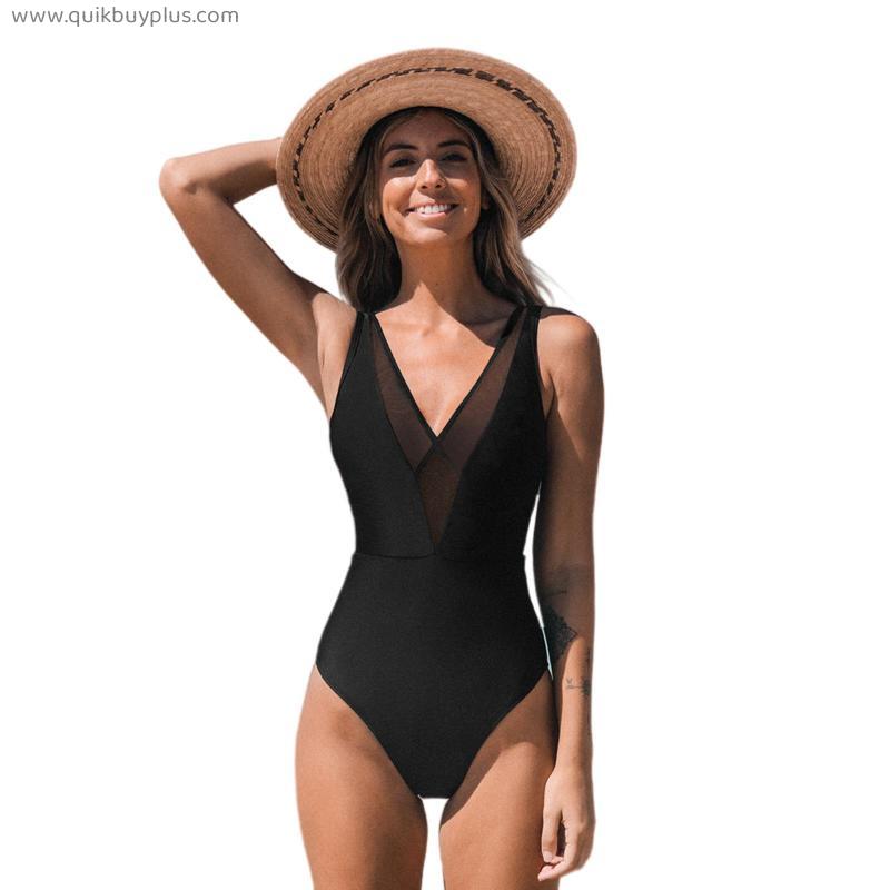 Mesh V-neck Backless One-Piece Swimsuit For Women Solid Black Swimwear Female Bathing Suit Beachwear