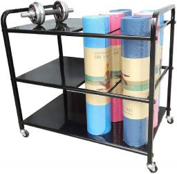 Metal Yoga Mat Rack Storage Cart with Wheels, Yoga Mat Holder Basket, Exercise Yoga Mats Stand Organizer, Home/Workout Room/Gym
