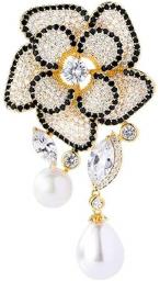 Micro-Encrusted Zircon Pearl Brooch Camellia with V-Neck Sweater Jacket Luxurious Temperament and Fashion Sense Full of Pins.