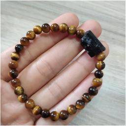 Mineral round brown stone beads natural raw rough stone beaded man women bracelets (Length : Man size, Metal Color : Tiger eye tourmaline)