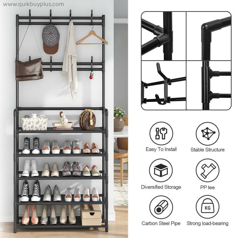 Modern Coat Rack and Shoe Storage 8 Hooks 5 Shelves Free Standing Metal Stand UK