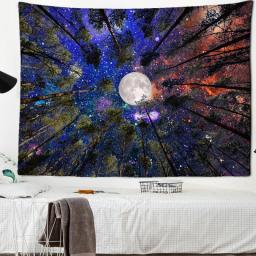 Moon Forest Tapestry Wall Hanging Psychedelic Trees And Stars Fabric Tapestry Home Decor Polyester Forest Night Tapestry