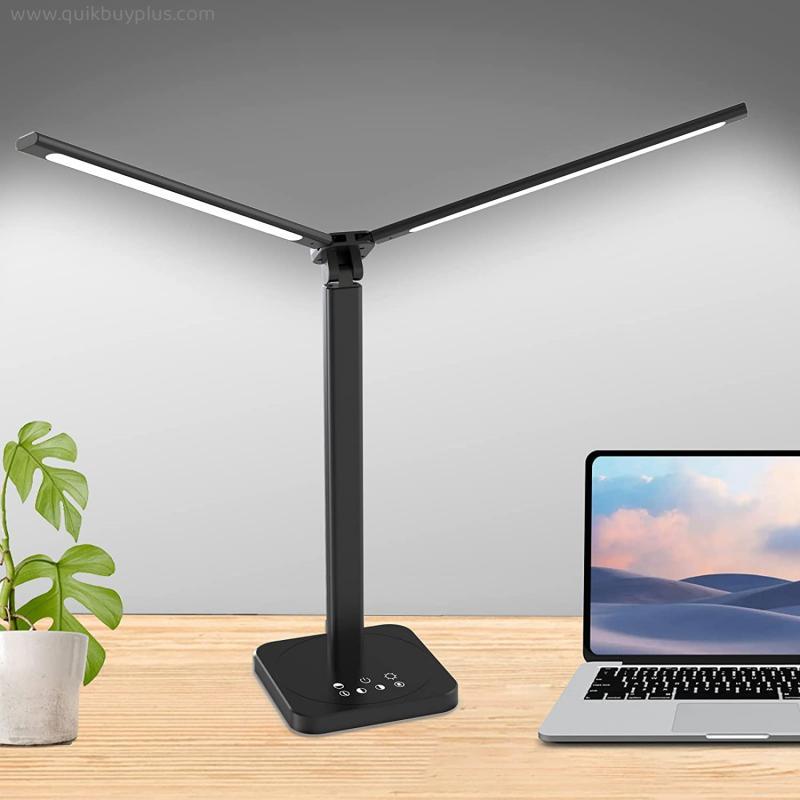 Mostorlit Led Desk Lamp, Eye Caring Double Swing Arm Table Lamps, USB Powered and Memory Functioned Reading Light, Lamp with 5 Steps Dimming and 5 Colors for Home, Office, Bedroom, Dormitory