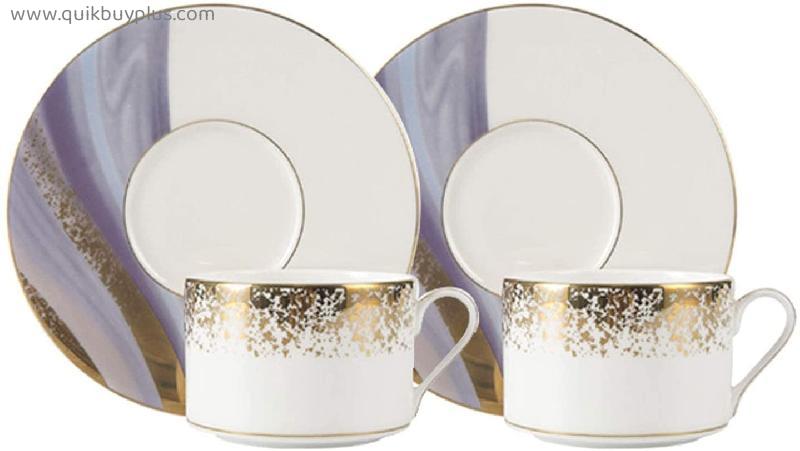 Mug 7.4oz/220ml Espresso Cups with Saucers, Golden Edges and Spots Decoration Espresso Coffee Cups Ceramic Coffee Cup for Espresso, Cappuccino, Set of 2 Mugs