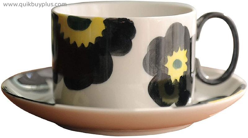 Mug Retro Afternoon Tea Flower Tea Cup Japanese Style Tea Cup and Saucer Set Hand-Painted Pattern Coffee Cup Living Room Household Tea Cup 200ml Novel Style Cup,Cups (Color : Black)