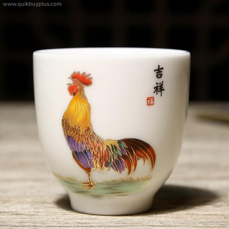 Mutton-fat Jade Teacup Golden Rooster Tasing Tea Cup Chinese Kungfu Tea Set Teaware 100ml Transparent Ceramic Wine Cup Porcelain