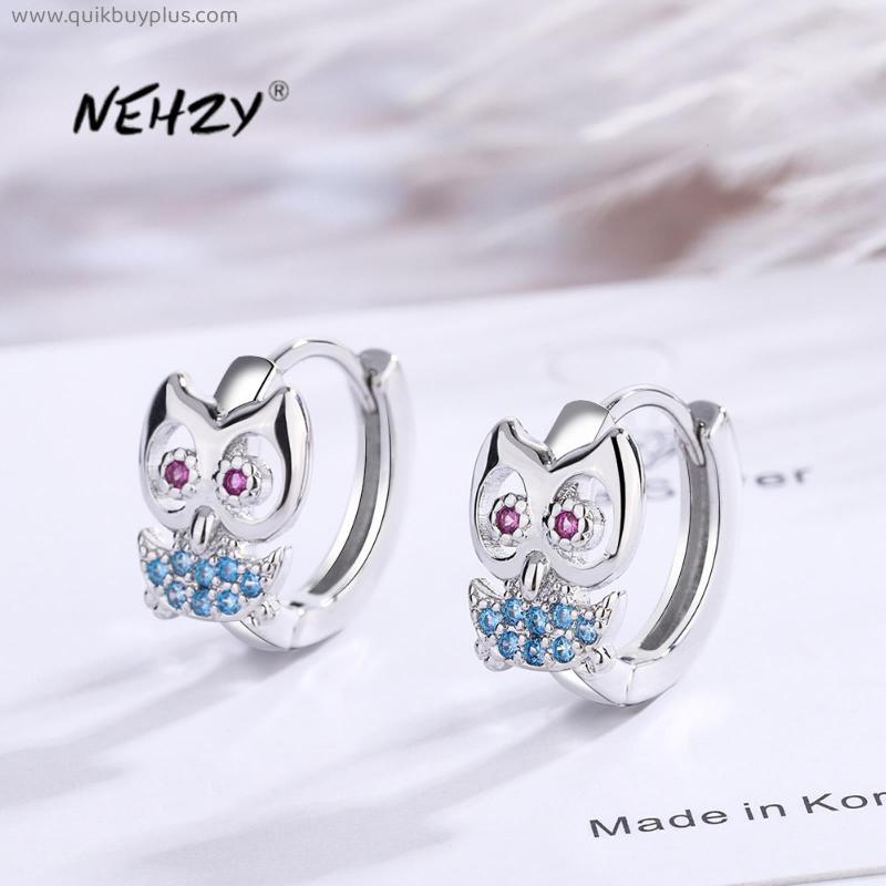 NEHZY 925 Sterling Silver New Woman Fashion Jewelry High Quality Fan Blue Crystal Zircon Simple Short Owl Earrings