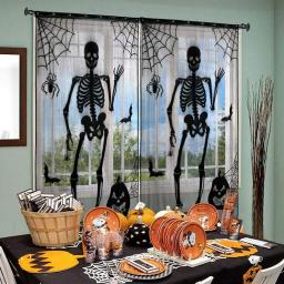 NMFIN 2pcs Halloween Black Lace Window Curtains, Spooky Skeleton Spider Web Valance For Halloween Decoration Party Indoor Decor Holiday Supplies, 41x 84 Inches