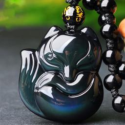 Natural Rainbow Eye Obsidian Hand Carved Nine Tail Fox Pendant Fashion Boutique Jewelry Men's And Women's Necklaces Accessories