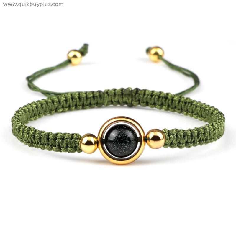 Natural Stone Braided Bracelets 8mm Green Sandstone Bead Handmade Nylon Rope Gold Color Lucky For Woman Man Wrist Jewelry Gifts
