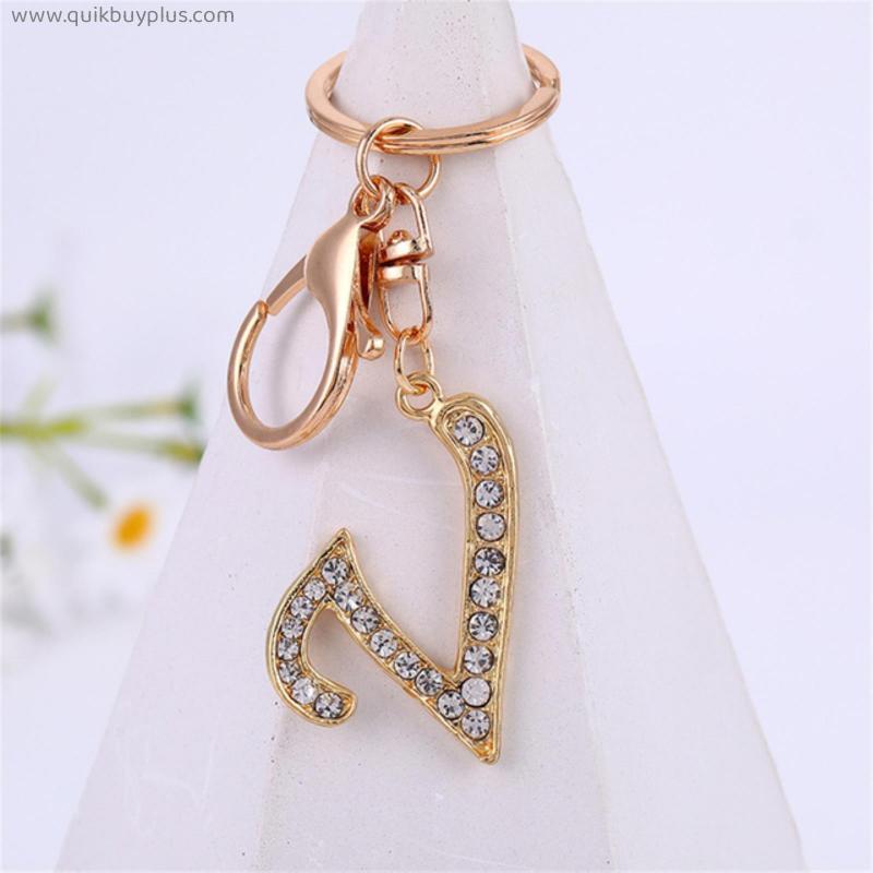 New 26 Letter Crystal Rhinestone Alloy Keychain Charm Gold Key Ring Women Car Key Holder Bag Ornaments Accessories