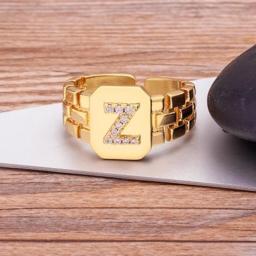 New Arrival Fashion Gold Color Initial Ring Open Design Adjustable Hot Sale Watchband Chain A-Z Letters Zircon Rings For Women
