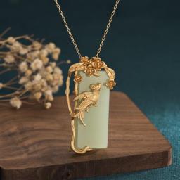 New China Style Design Classic Women Necklaces Copper Gold Plated Magpie Flower Branch Green Square Hetian Jade Pendant Necklace