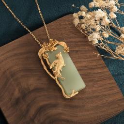New China Style Design Classic Women Necklaces Copper Gold Plated Magpie Flower Branch Green Square Hetian Jade Pendant Necklace