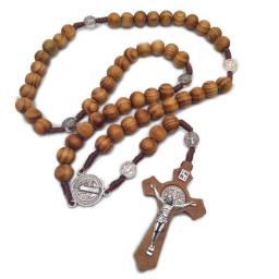New Fashion Handmade Round  Bead Catholic Rosary Cross Religious Necklaces For Women Men Brown Wood Beads Rosary Necklace
