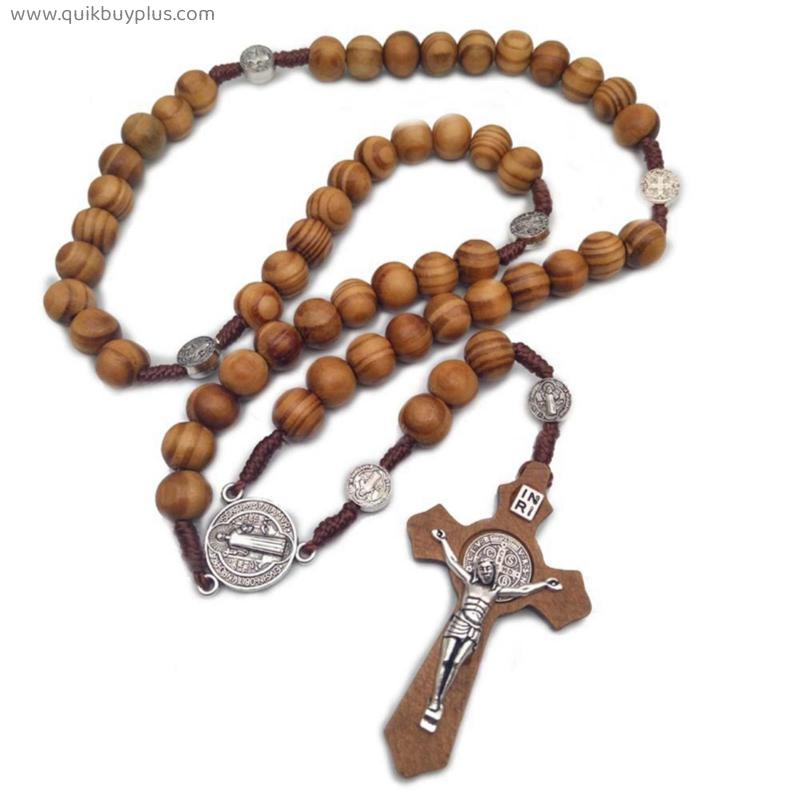 New Fashion Handmade Round  Bead Catholic Rosary Cross Religious necklaces for women men Brown Wood Beads Rosary Necklace