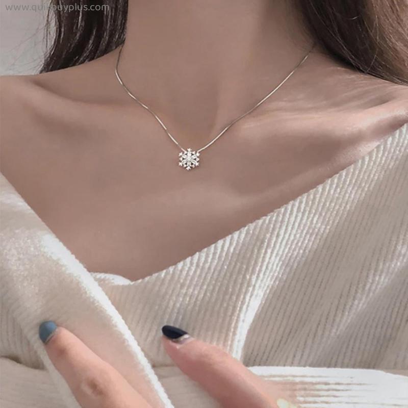 New Fashion Snowflake Shining Crystal Necklace Rhinestone Snow Pendant Necklaces for Women Girls Wedding Jewelry Gifts