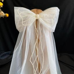 New Pearl Beads Veil Exaggerated  Bow Hair Clips Girls Women Bride Headdress Wedding Dress Hair Accessories