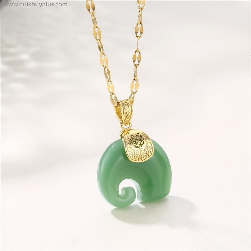 New Stainless Steel Gold Color Lip Chain Green Elephant Pendant Women Necklaces Female No Fade Cute Clavicle Chain Jewelry Gift