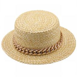 New Women Natural Wheat Straw Hat Gold chain Girl Boater Hat Derby Beach Sun Hat Cap Lady Summer Wide Brim Protect Hats