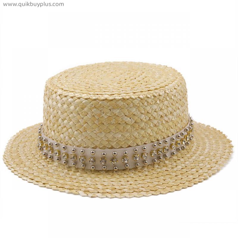 New Women Natural Wheat Straw Hat Ribbon Tie 7cm Brim Boater Hat Derby Beach Sun Hat Cap Lady Summer Wide Brim Protect Hats