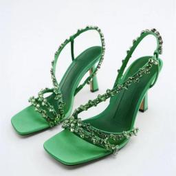 New Women Sandals New Summer Feamle Sexy Pu Thin High Heels Shoes Ladies Solid Color Square Toe Crystal Party Footwear