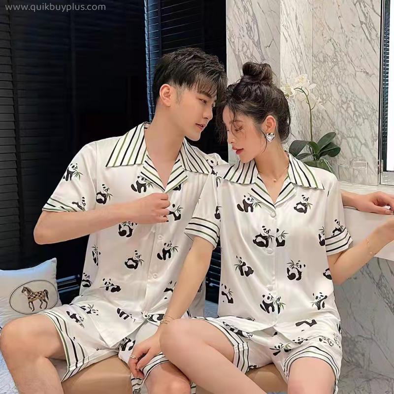 New ice silk couple pajamas Men's spring and summer simulation silk thin pajamas ladies sweet leopard print homewear suit