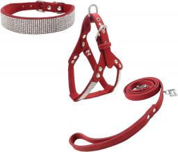 Newtensina Dog Collar & Harness & Lead Sets Fashion Dog Collar Diamante with Harness & Leashes Comfortable Soft Collar Harness and Leashes Set for Dog - Red - S