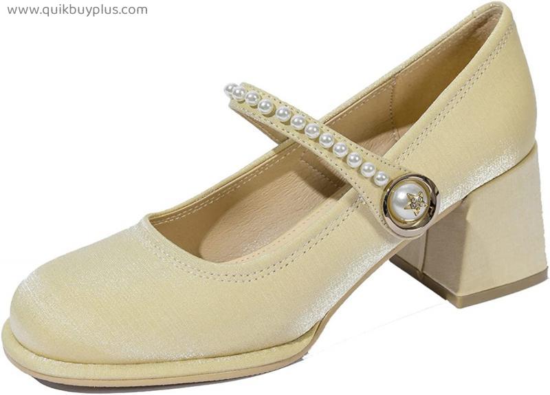 Non Slip Satin Square Toe Mary Jane Shoes for Woman Party Stylish Pearls Buckle Mid Block Heeled Dress Pumps