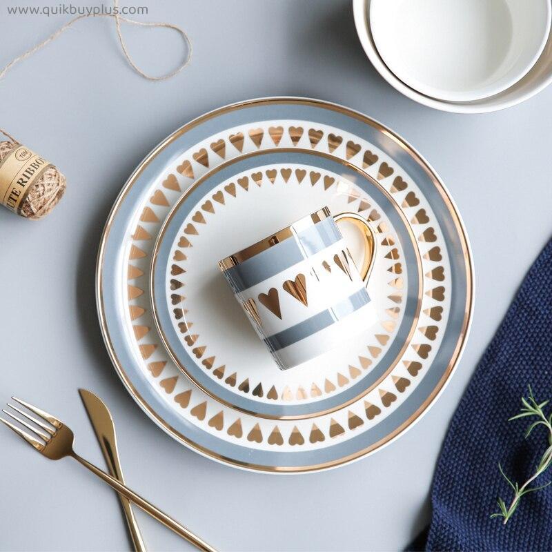 Nordic Style Gold Edge Ceramic Tableware Dishes & Plates Household Dishes, Rice Bowls, Soup Bowls, Mugs Service Plate