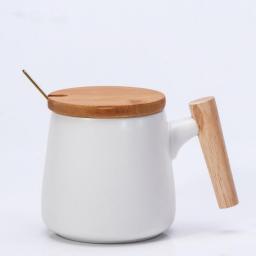 Nordic Style Wooden Handle Ceramic Cups Coffee Mugs Large Capacity Mug with Spoon Lid Mug Coffee Tea Cup Home Office Drinkware