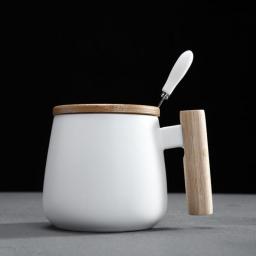 Nordic Style wooden handle Ceramic Cups Coffee Mugs Large capacity mug with spoon lid mug coffee tea cup home office drinkware