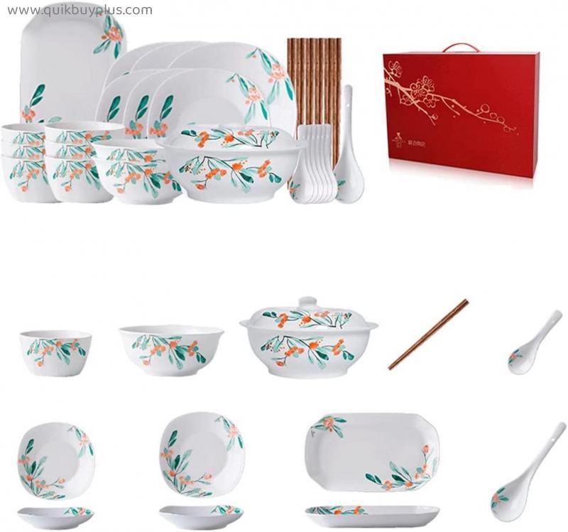 ORTOLY Dinnerware Set Chinese Style Ceramics Christmas Tableware Set Household Plate Bowl Cup Dishes Set Rice Bowl Soup Bowl and Chopsticks Set Dish Set (Set : 29 piece set)