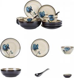 ORTOLY Dinnerware Set Hand Painted Ceramics Christmas Tableware Set Household Plate Bowl Cup Dishes Set Rice Bowl Soup Bowl And Chopsticks Set Dish Set (Color : Blue, Set : 18 Piece Set)