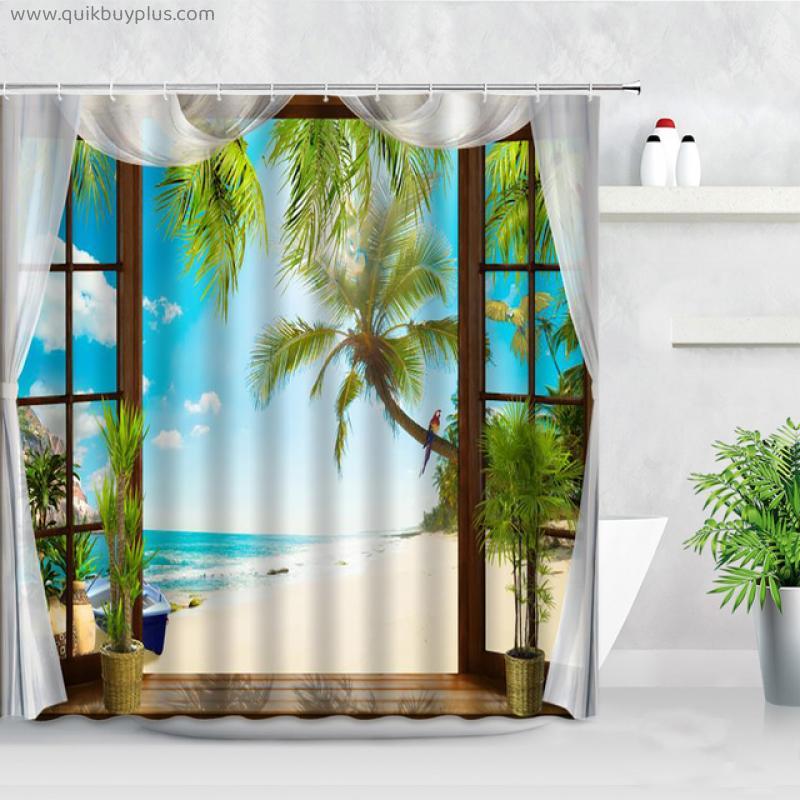 Ocean Scenery Shower Curtain 3D Creative Window Beach Tropical Green Plants Home Decor Hooks Bathroom Curtains